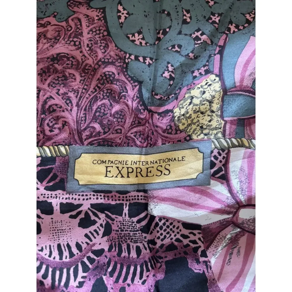 1980s EXPRESS Compagnie Internationale Silk Scarf Pink Black 33” Square Vintage